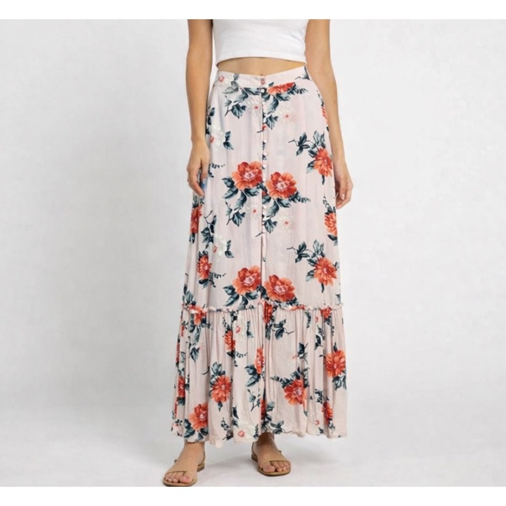 American Eagle Floral Maxi Skirt Pink Orange Button Front Tiered Boho Womens M